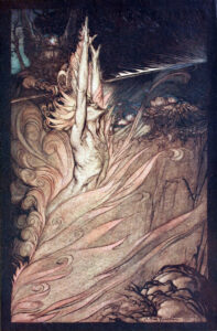 Локи, иллюстрация А. Рэкема к "Золоту Рейна". Гундарссон, глава 11 из книги "Наш Трот"