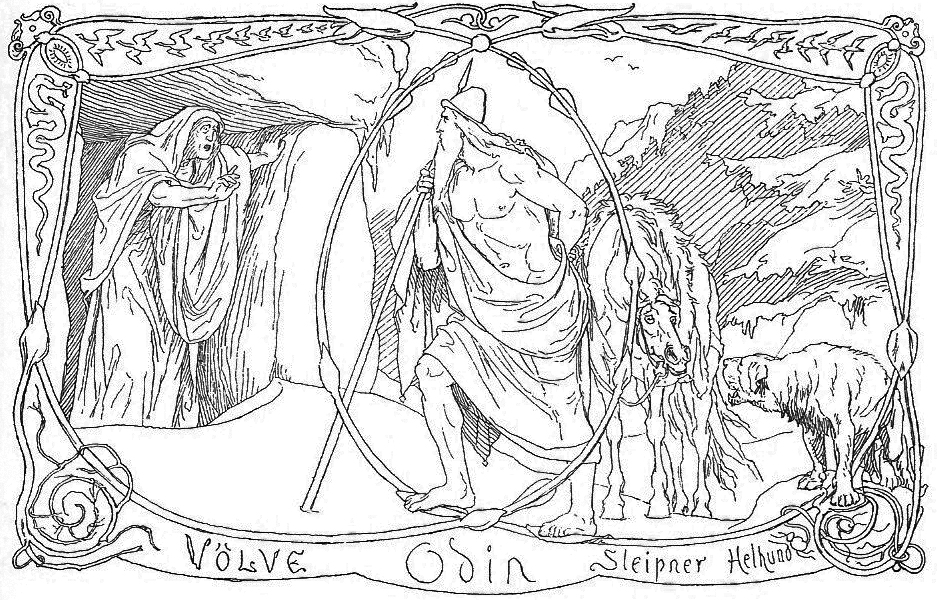 Лоренц Фрёлих, "Вёльва, Один, Слейпнир и пес Хель". Иллюстрация к книге Карла Гьеллерупа "Песни о богах из Старшей Эдды", 1895