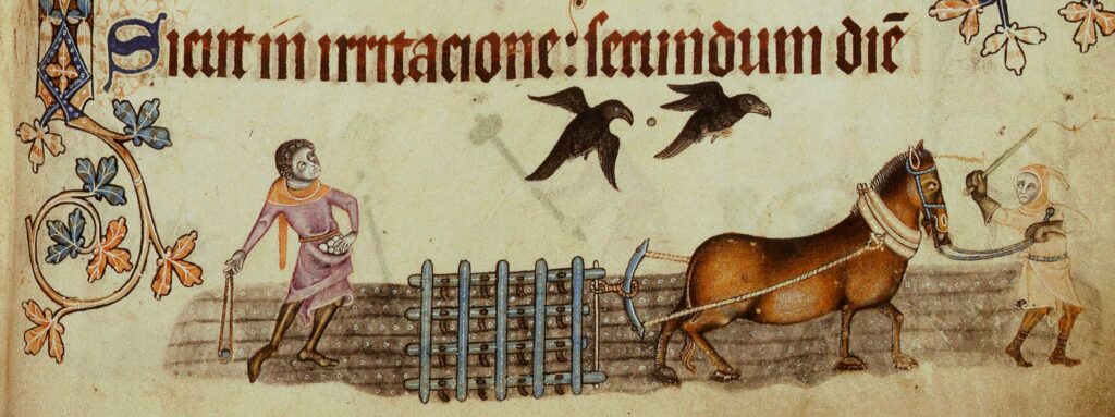 Средневековая сцена пахоты. Иллюстрация из английской "Псалтири Латрелла", 1-я пол. XIV в.