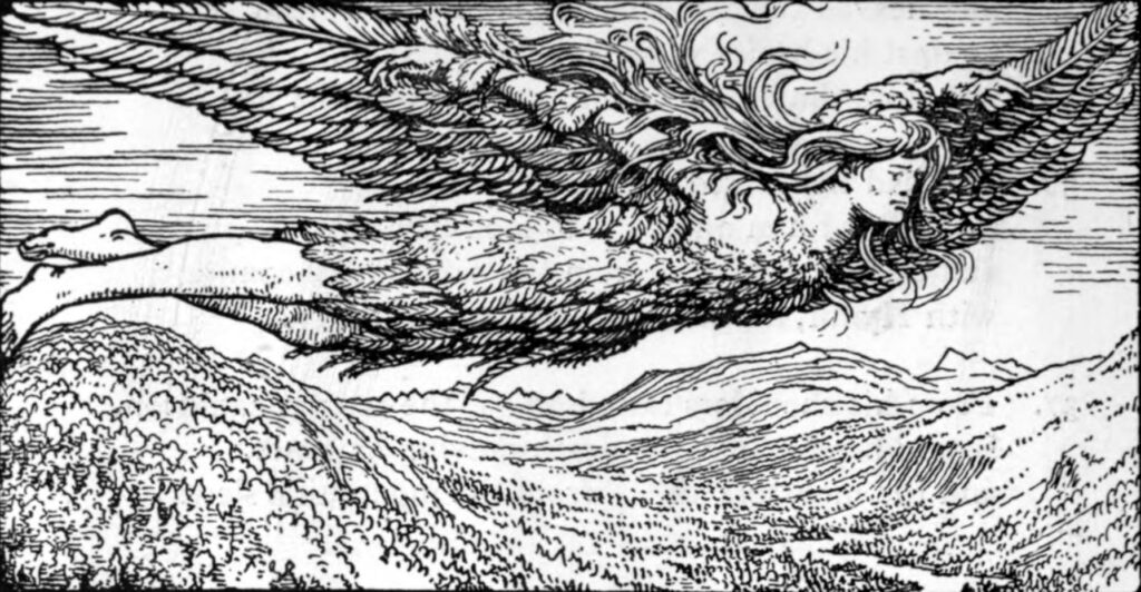 У.Г. Коллингвуд, "Полёт Локи в Йотунхейм", 1908. Некоторые кеннинги и имена Локи связаны с воздухом и птицами