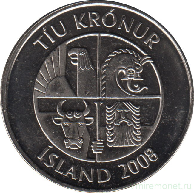 Реверс исландской монеты достоинством в 10 крон