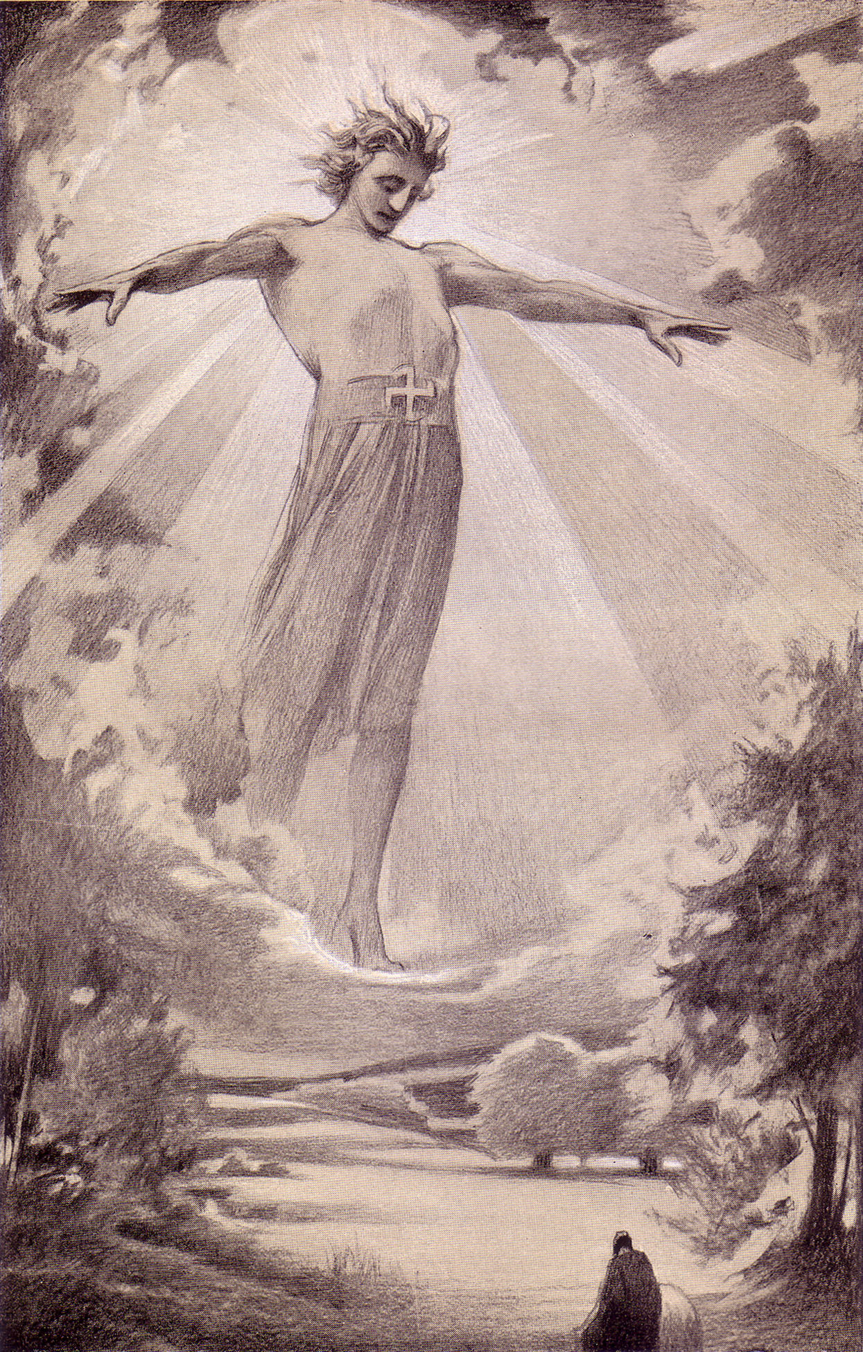 Людвиг Фаренкрог (1867–1952), «Человек в солнечном свете» (Sonnenmensch)&nbsp;— Бальдр Прекрасный восходит. Рисунок, начало XX века