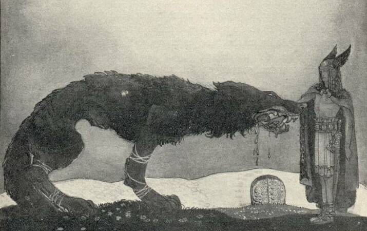 Тюр и Фенрир. Рисунок Джона Бауэра (1911) для книги Виктора Рюдберга «Fädernas gudasaga».